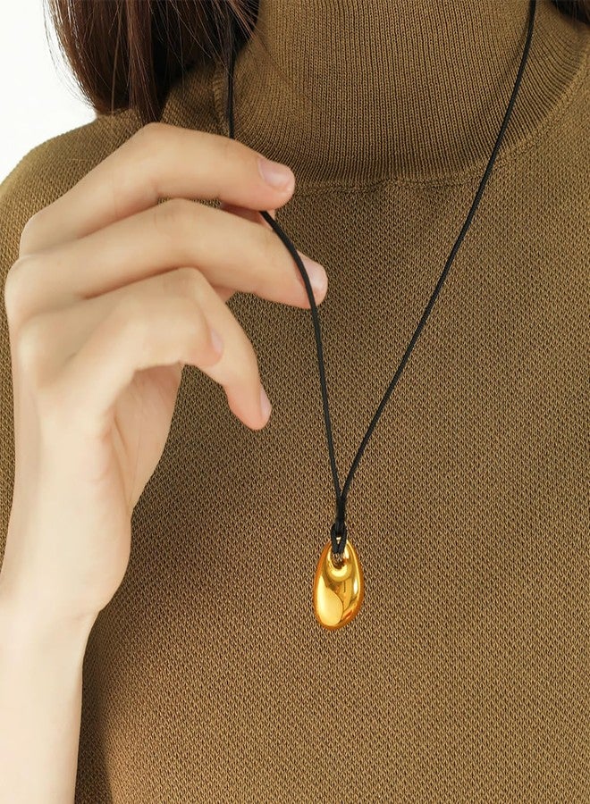 Uarein Dainty Oval Bean Pendant Necklace Simple Adjustable Black Leather Rope Collarbone Necklace Statement Jewelry Accessory Presents for Women Men (Gold) - Image 2